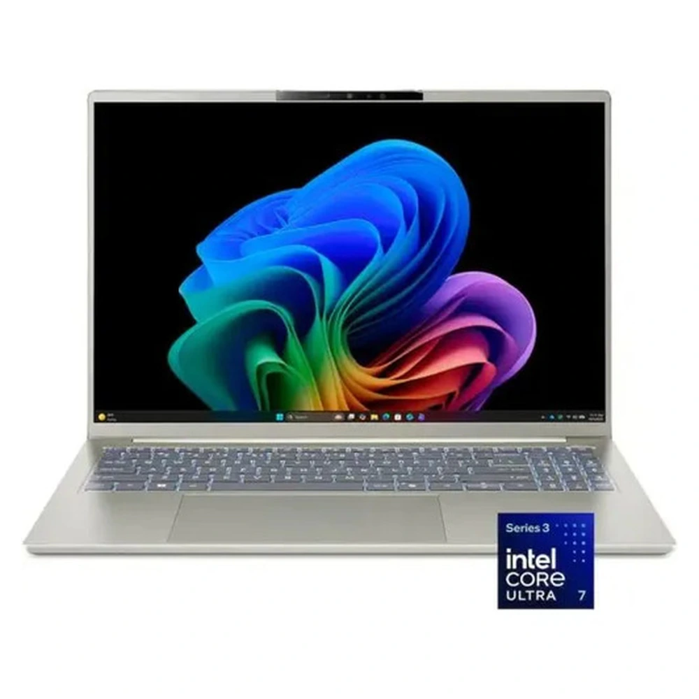 Notebook Acer Swift Go 16 OLED — vista frontal com selo Intel Core Ultra 7
