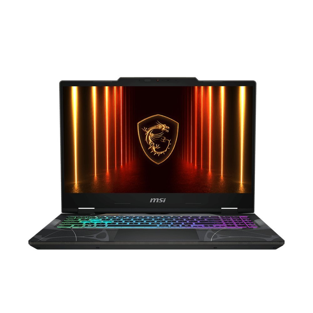 Notebook Gamer MSI Cyborg 15 B2RWFKG, Intel Core 5 210H, 16GB, SSD 512GB, RTX 5060 8GB, 15,6″ Full HD 144Hz — vista frontal aberta e simétrica