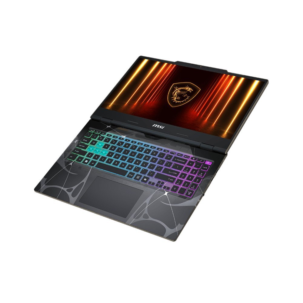 Notebook Gamer MSI Cyborg 15 B2RWFKG, Intel Core 5 210H, 16GB, SSD 512GB, RTX 5060 8GB, 15,6″ Full HD 144Hz — vista três-quartos frontal