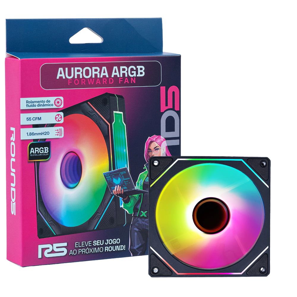 Fan Round5 Aurora Forward ARGB 120mm PWM Preto — fan e embalagem original